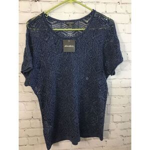 Eddie Bauer Beachside T-Shirt Sweater Navy Linen Blend‎ Crochet Womens S NWT $60